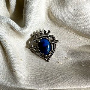 Vintage miracle heart crown pin silver color with lapis gemstone